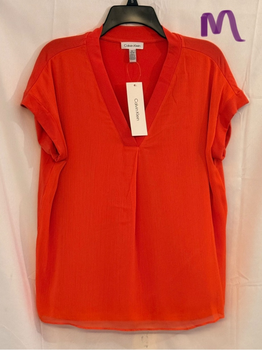 Calvin Klein V-Neck Short Sleeve Blouse - Orange